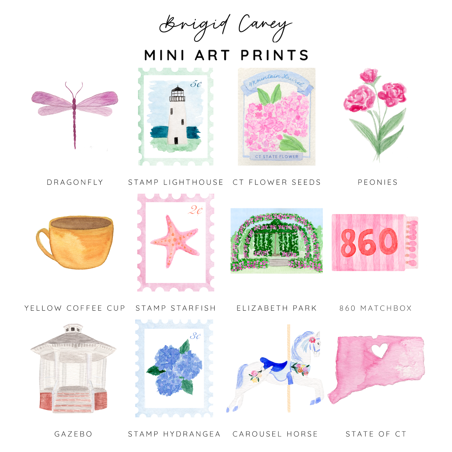 Collection of mini art prints by Brigid Carey with various illustrations on a white background.
