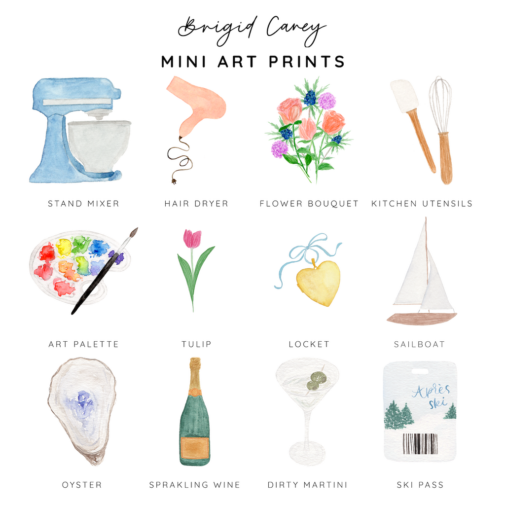 Collection of mini art prints by Brigid Carey on a white background