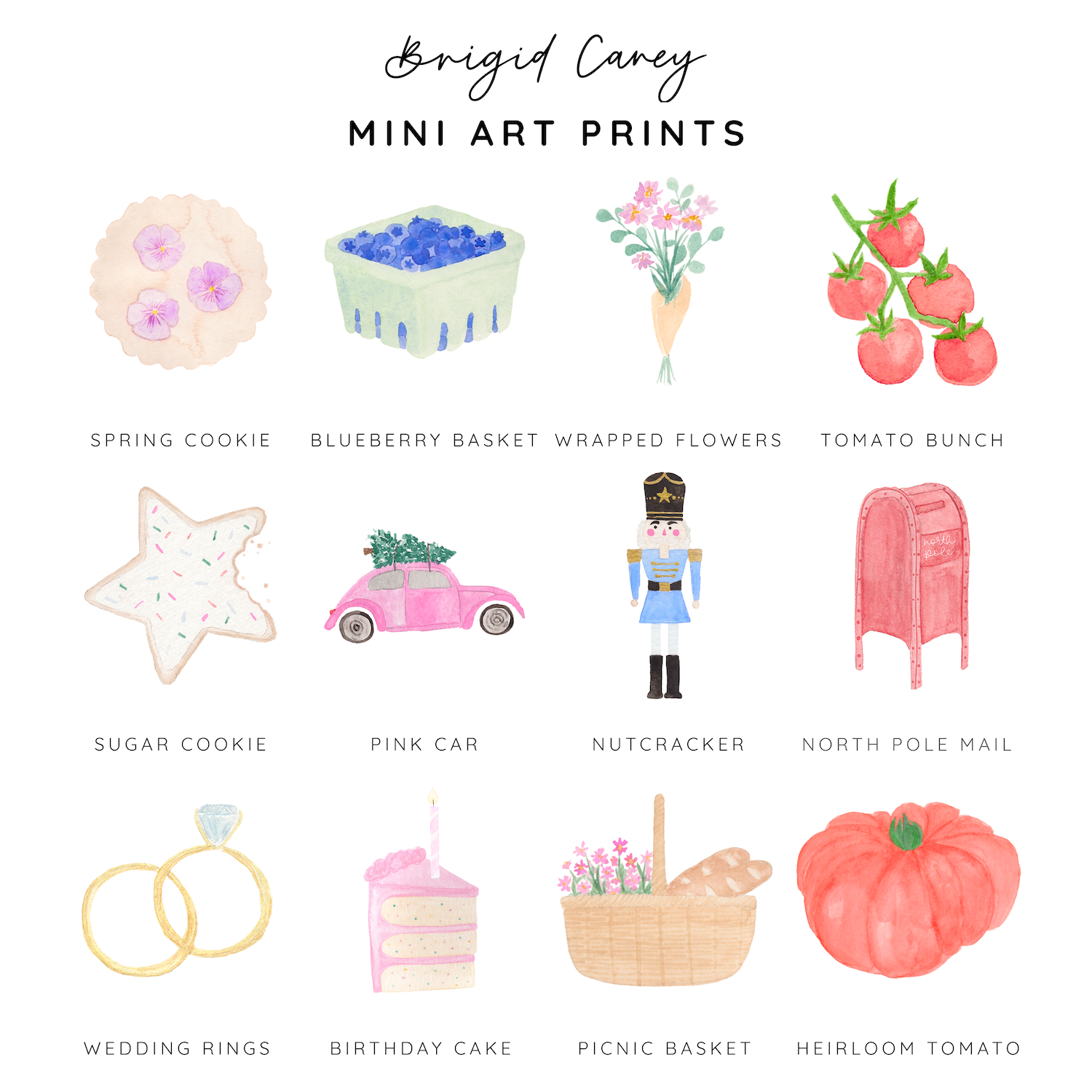 Collection of mini art prints with titles and illustrations on a white background