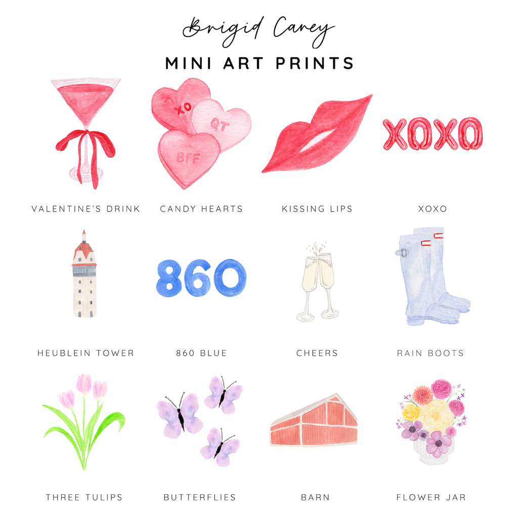 Collection of mini art prints by Brigid Carey with various designs on a white background.