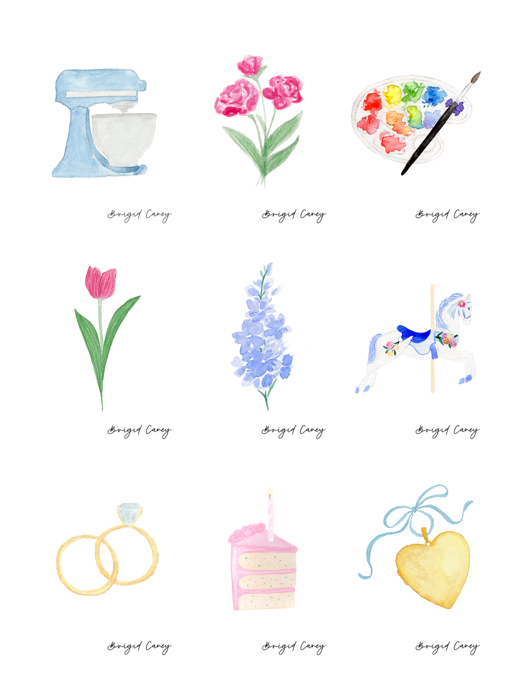 Collection of watercolor illustrations including a mixer, flowers, a palette, a horse, a ring, a cake, and a heart on a white background.