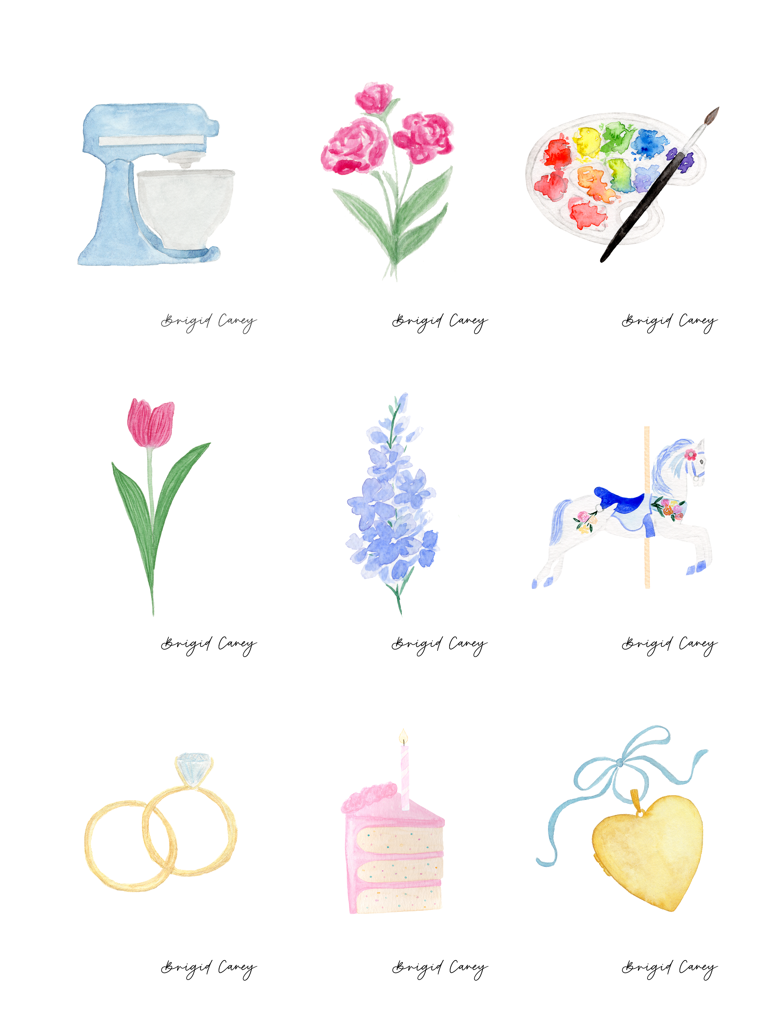 Collection of watercolor illustrations including a mixer, flowers, a palette, a horse, a ring, a cake, and a heart on a white background.