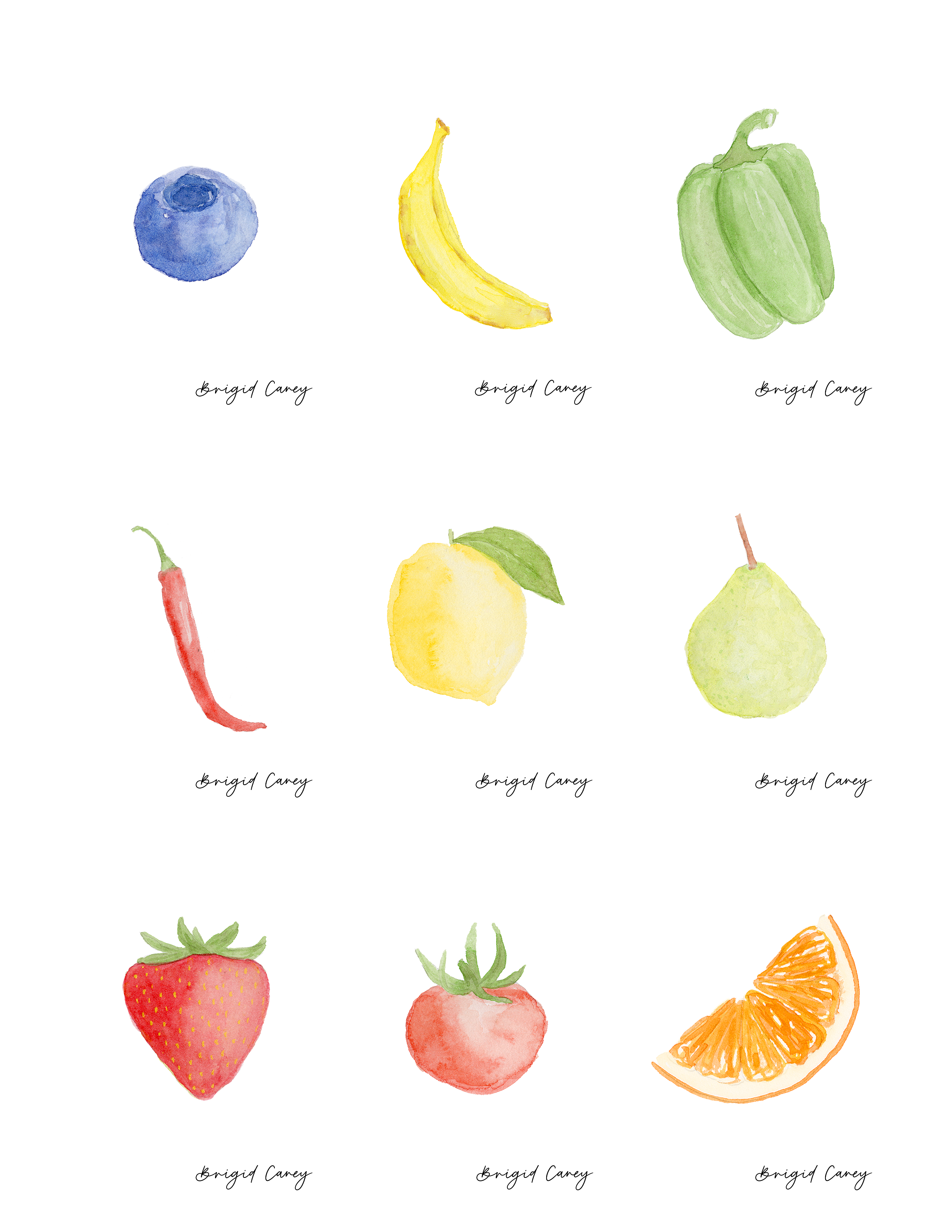 Illustrations of various fruits and vegetables with labels on a white background