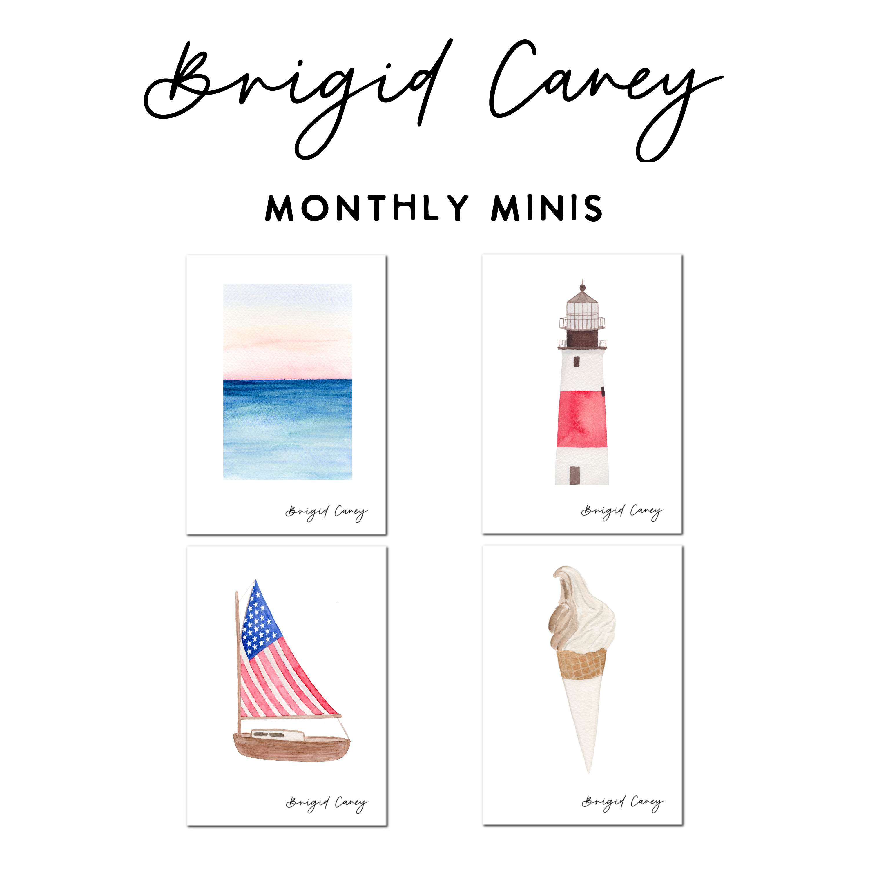 Four small artworks by Brigid Caney featuring a lighthouse, sailboat, ice cream cone, and abstract design.